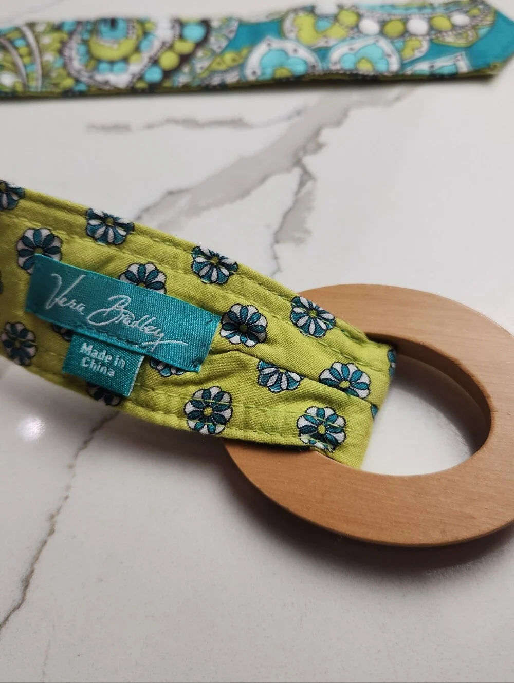 Vera Bradley Reversible Peacock Pattern Fabric Belt with Wooden Buckle